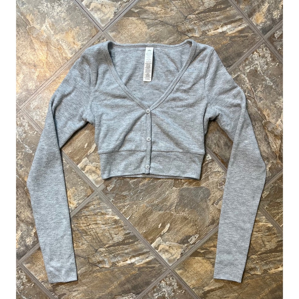 Alo Yoga Alolux Cropped Me-Time Cardigan Womens Small Grey V-Neck